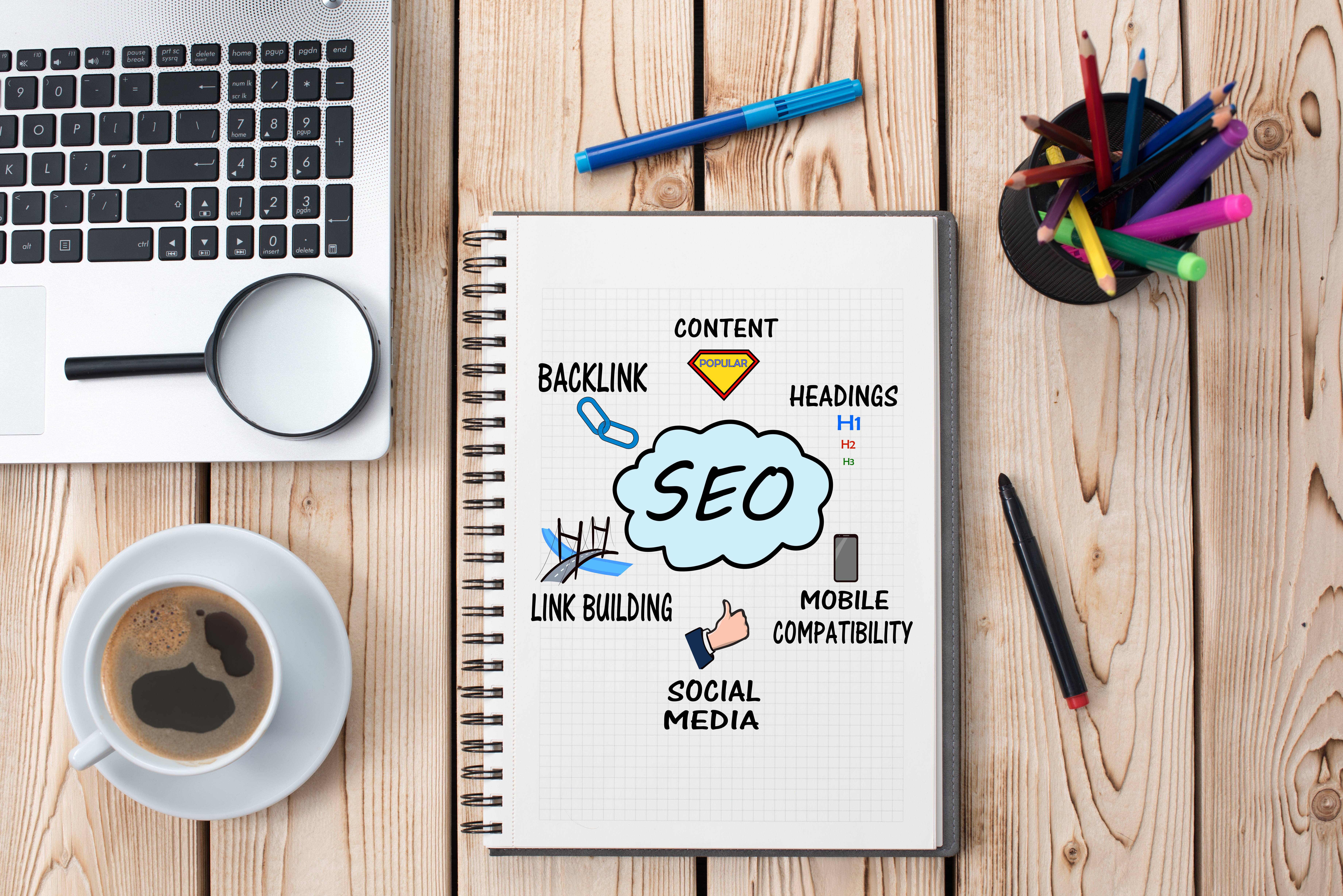 Paper showing six elements of SEO: Backlink, content, headings, mobile compatibility, social media, and link building.